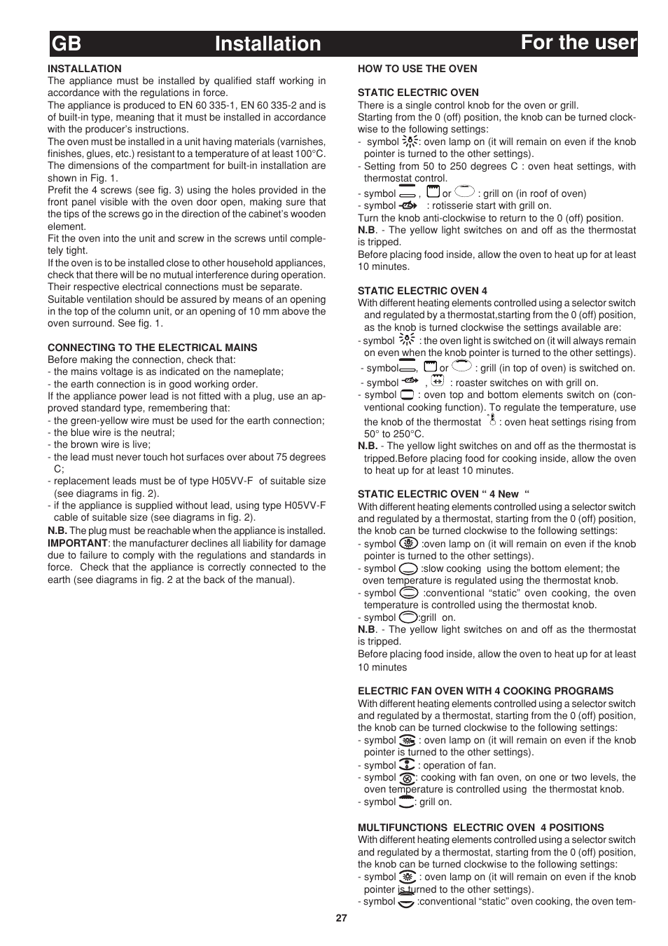 Gb installation, For the user | Bompani BO243OG/E User Manual | Page 27 / 64