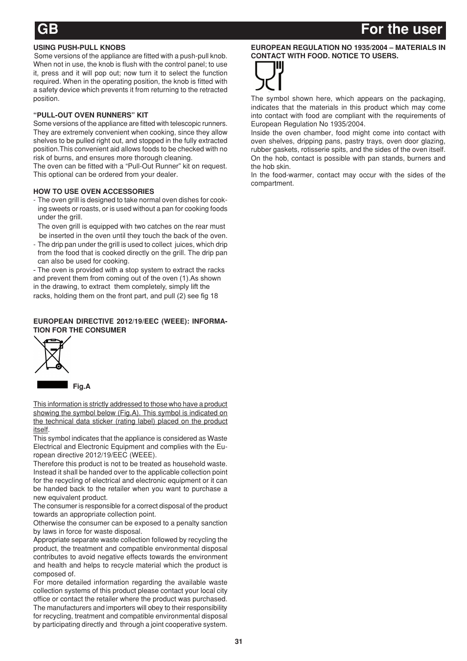 For the user gb | Bompani BO243OG/E User Manual | Page 31 / 64