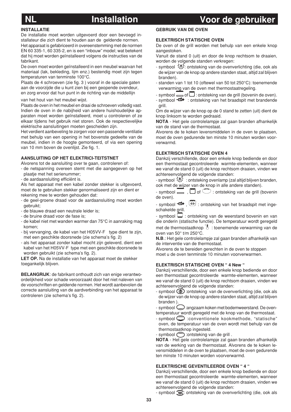 Nl installation, Voor de gebruiker | Bompani BO243OG/E User Manual | Page 33 / 64