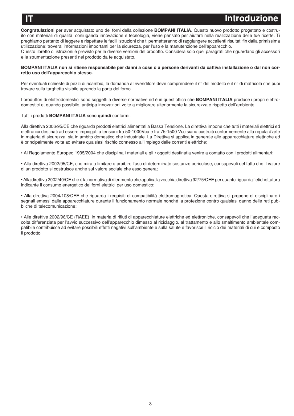It introduzione | Bompani BO243EA/E User Manual | Page 3 / 72