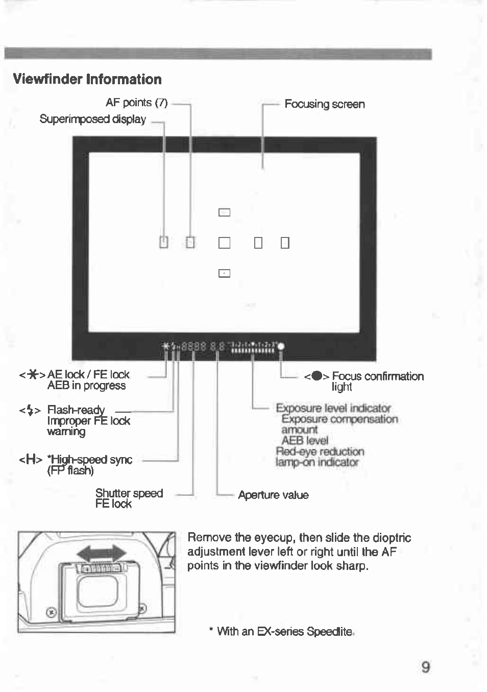 Viewfinder information, Exposure compensation | Canon Rebel T2 300X User Manual | Page 11 / 54