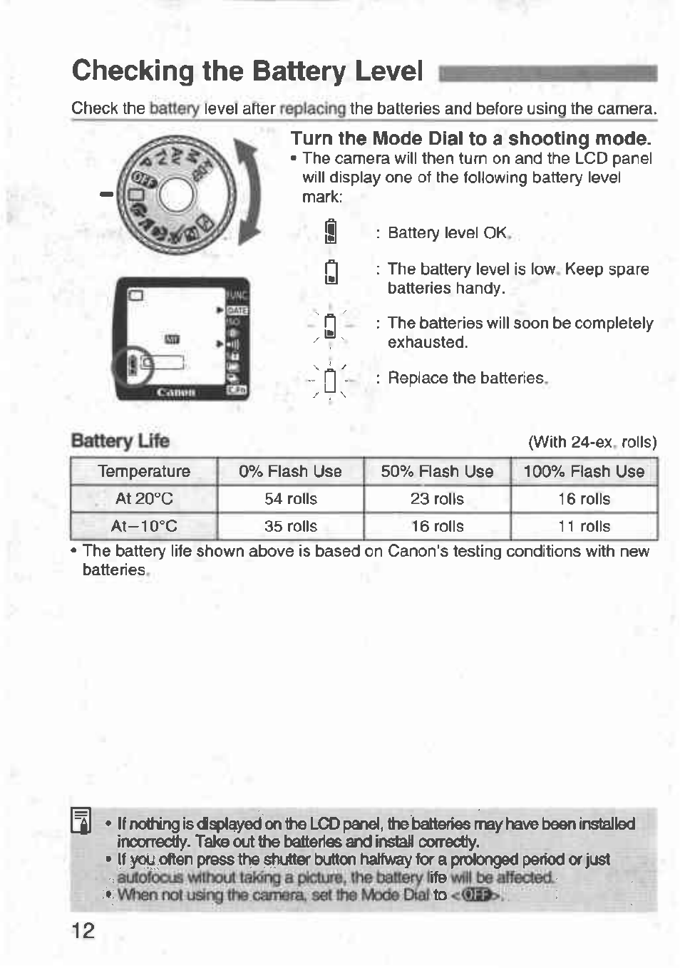 Checking the battery level, Battery ufa, Checking the battery levei | Canon Rebel T2 300X User Manual | Page 14 / 54