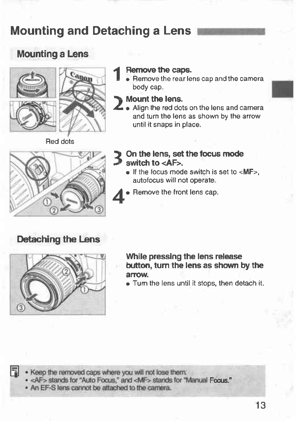 Mounting a lens, Remove the caps, Mount the lens | On the lens, set the focus mode ^ switch to <af, Detaching the lens, Mounting and detaching a lens | Canon Rebel T2 300X User Manual | Page 15 / 54