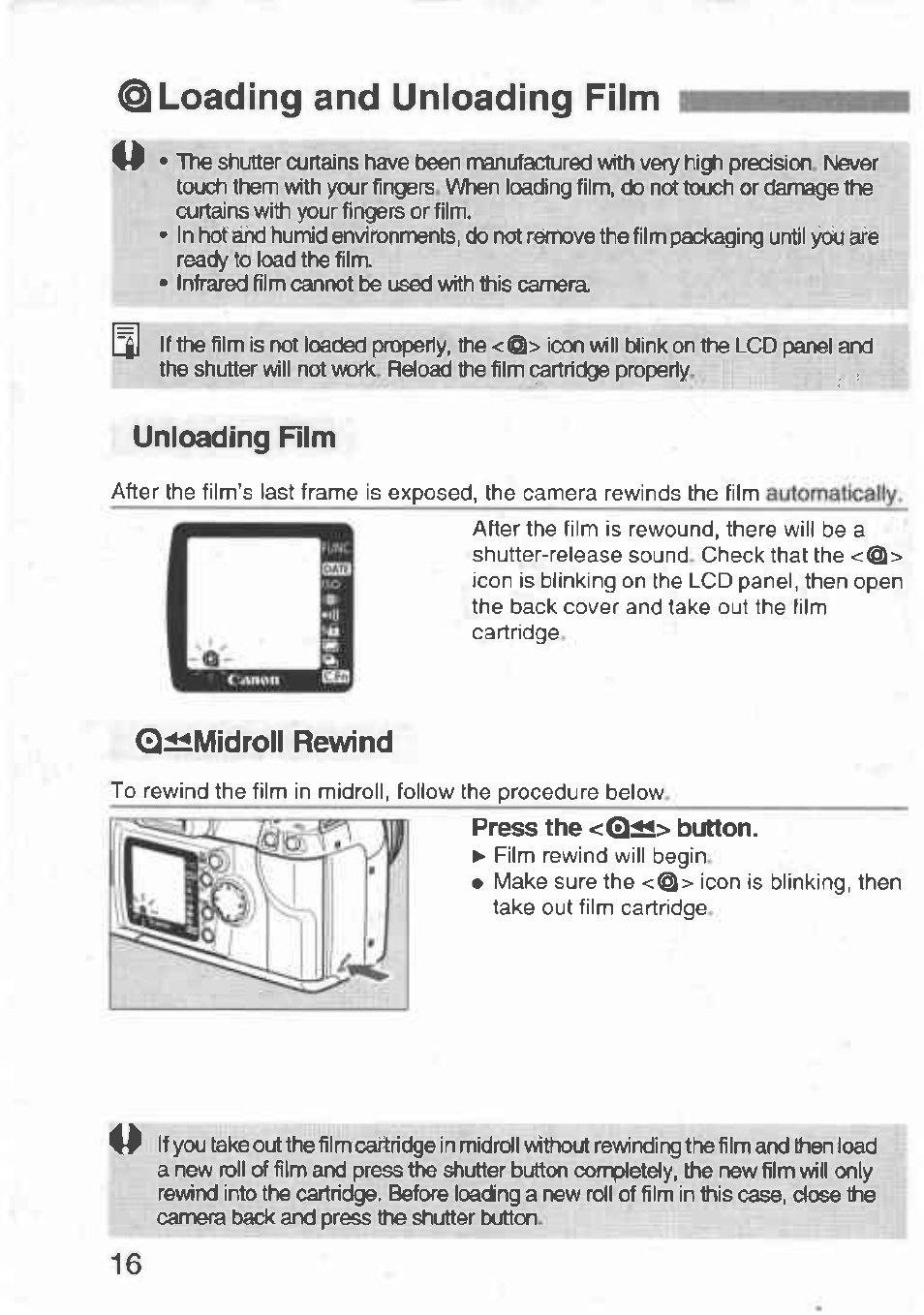 Unloading rim, Loading and unloading film | Canon Rebel T2 300X User Manual | Page 18 / 54