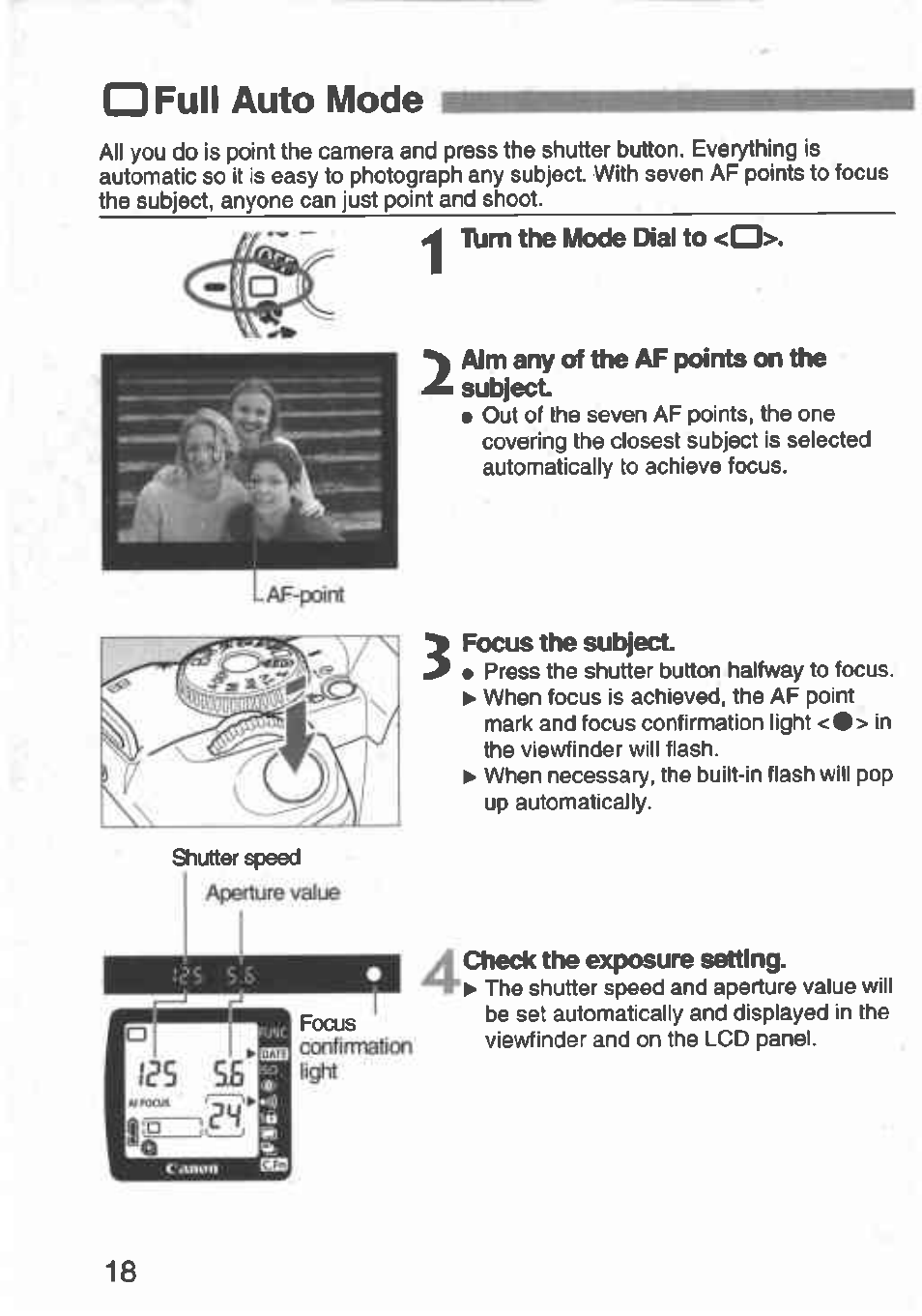 Ofuii auto mode, I almany of the appoints on the ■ sul^ecl, Check the exposure setting | Ofull auto mode, Auto mode | Canon Rebel T2 300X User Manual | Page 20 / 54