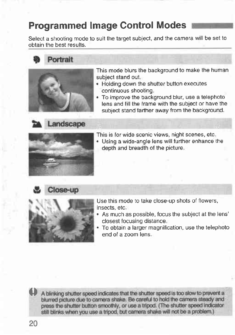 Programmed image control modes, 9 portrait, Landscape | Abrrmng | Canon Rebel T2 300X User Manual | Page 22 / 54