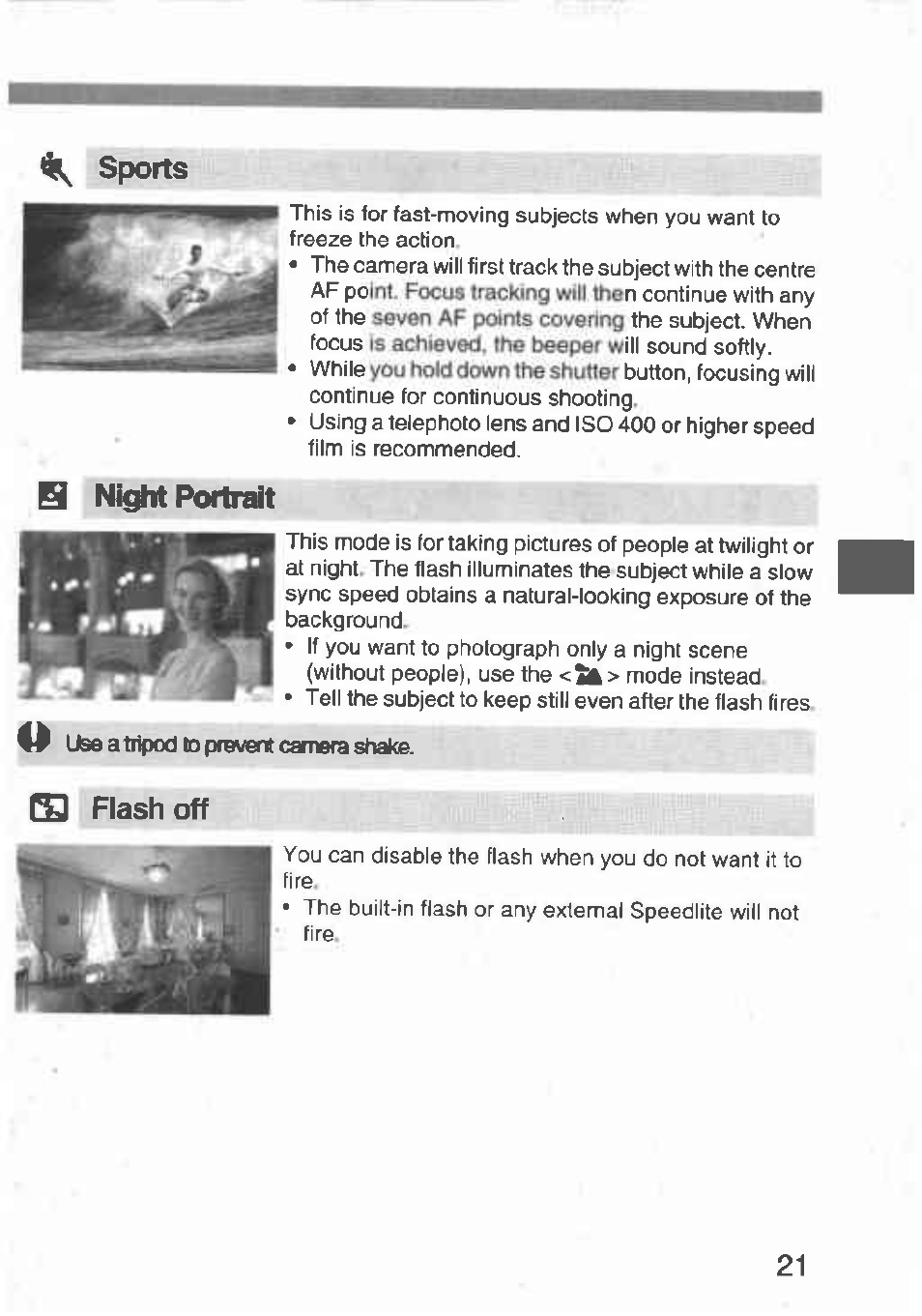 Sports, И flash off, Ni^ portrait | Canon Rebel T2 300X User Manual | Page 23 / 54