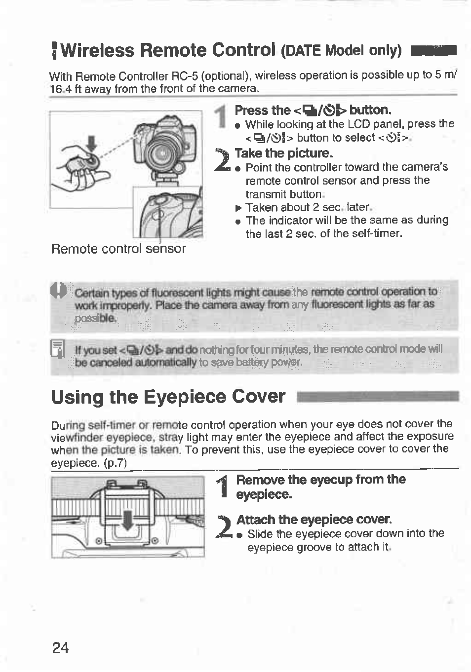 Using the eyepiece cover, Remote control sensor, I wireless remote control | Canon Rebel T2 300X User Manual | Page 26 / 54