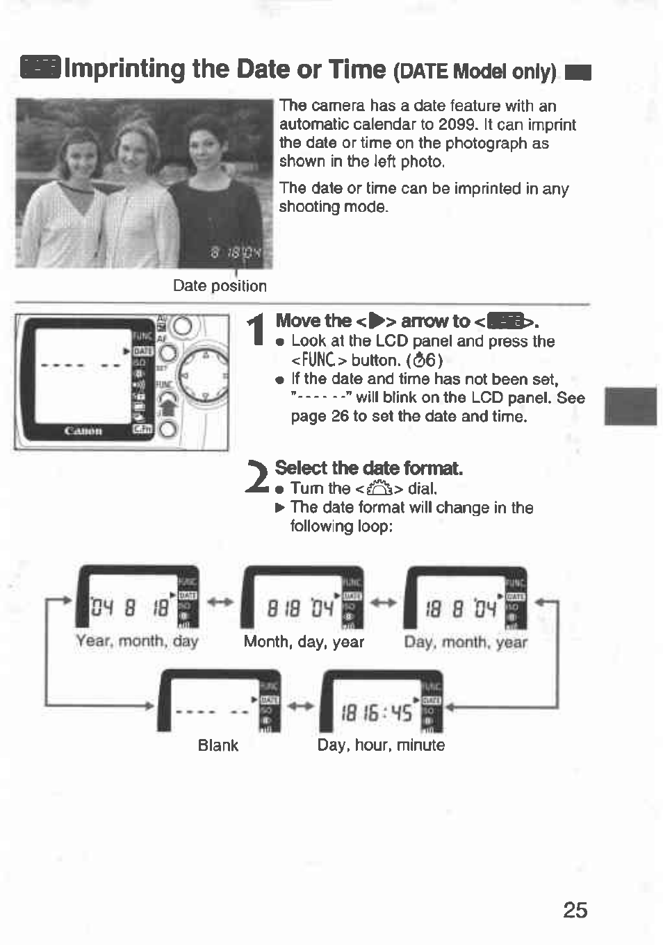 Move the <^> arrow to <bb, I imprinting the date or time | Canon Rebel T2 300X User Manual | Page 27 / 54