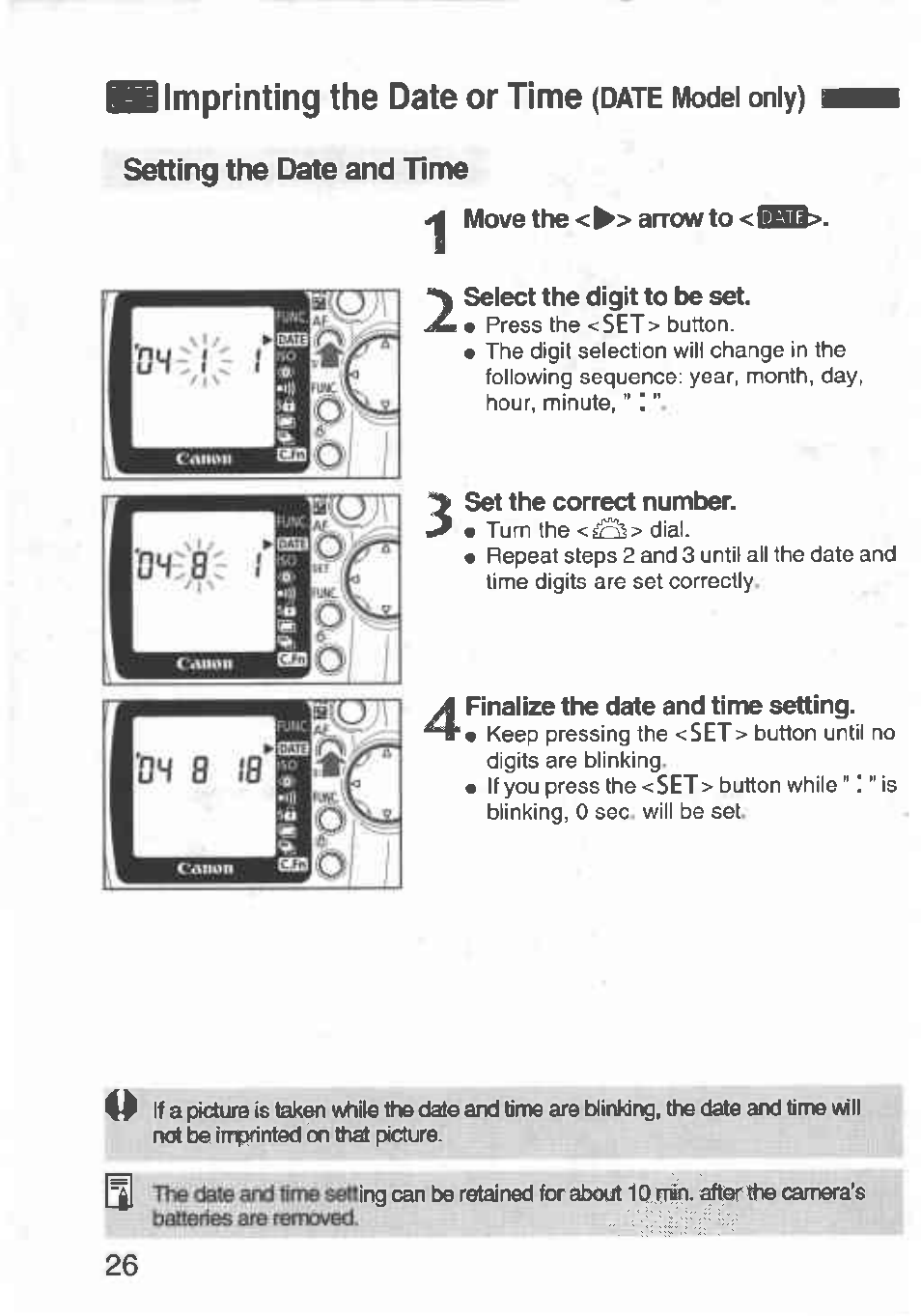 I imprinting the date or time (date model only), Setting the date and time, Set the correct number | Imprinting the date or time (date model only), I imprinting the date or time | Canon Rebel T2 300X User Manual | Page 28 / 54