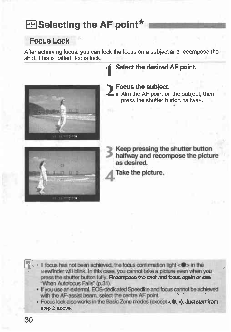 Eu!] selecting the af poinf, Focus lock | Canon Rebel T2 300X User Manual | Page 32 / 54