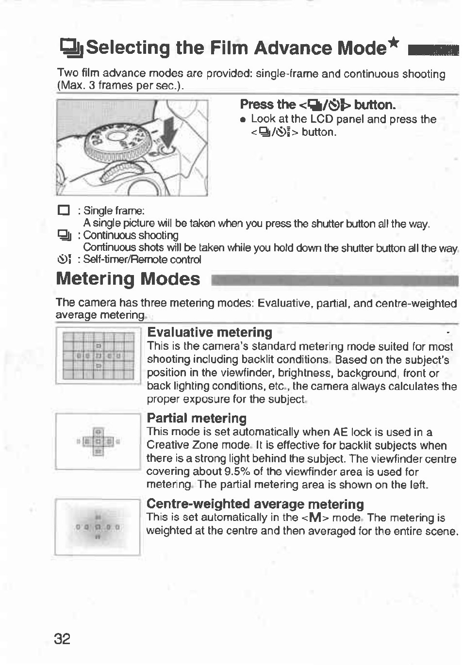 Selecting the film advance mode, Metering modes, Q|selecting the film advance mode | Canon Rebel T2 300X User Manual | Page 34 / 54