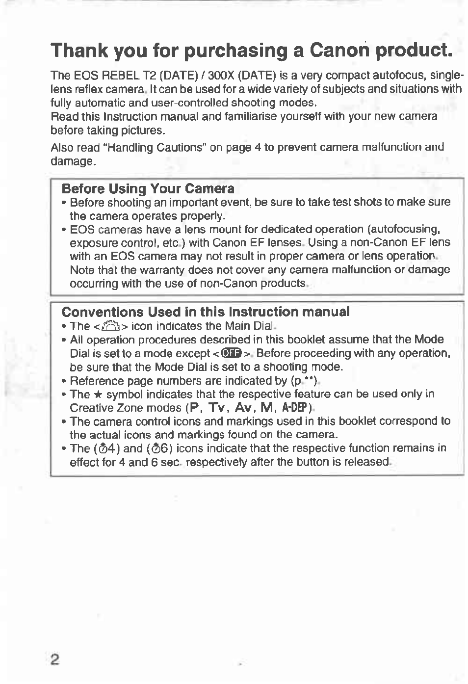 Thank you for purchasing a canon product, Before using your camera | Canon Rebel T2 300X User Manual | Page 4 / 54