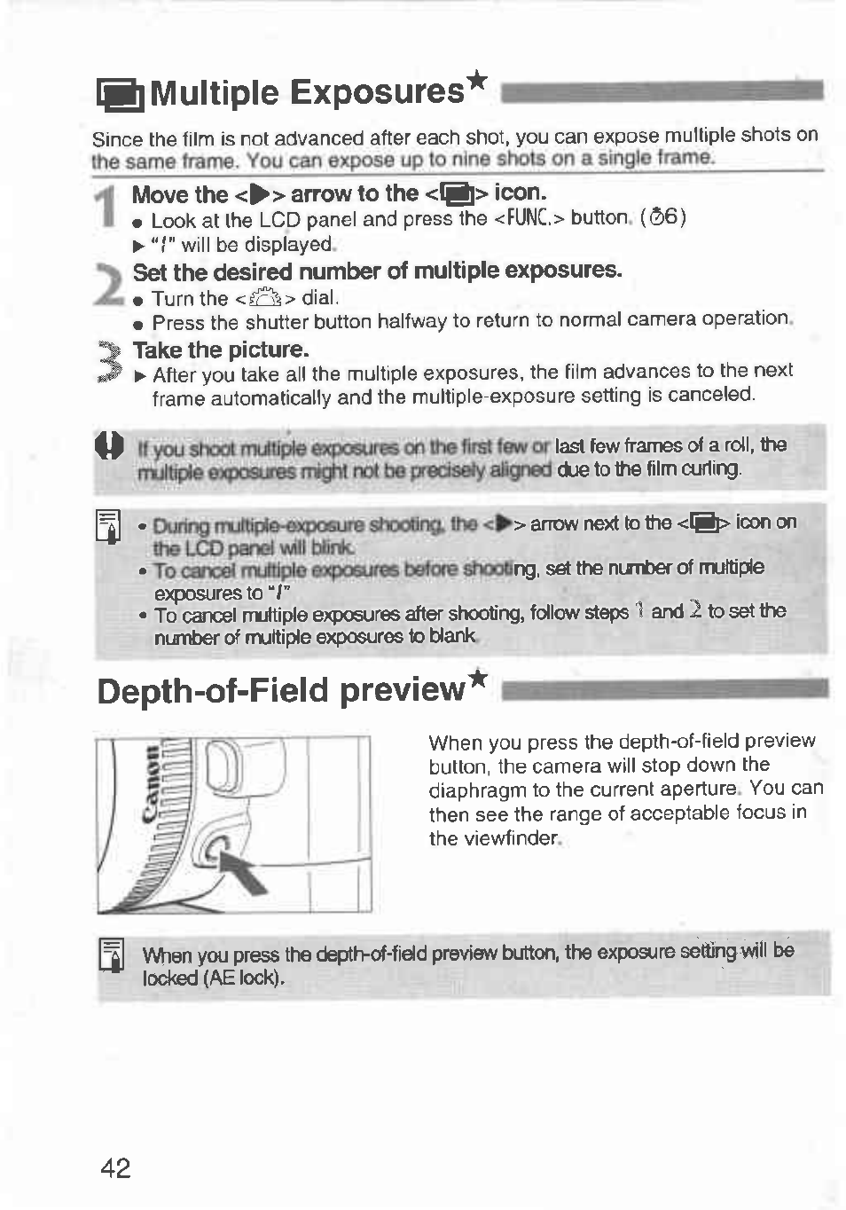 I multiple exposures, Depth-of-field preview, Ipl multiple exposures | Expoeures | Canon Rebel T2 300X User Manual | Page 44 / 54