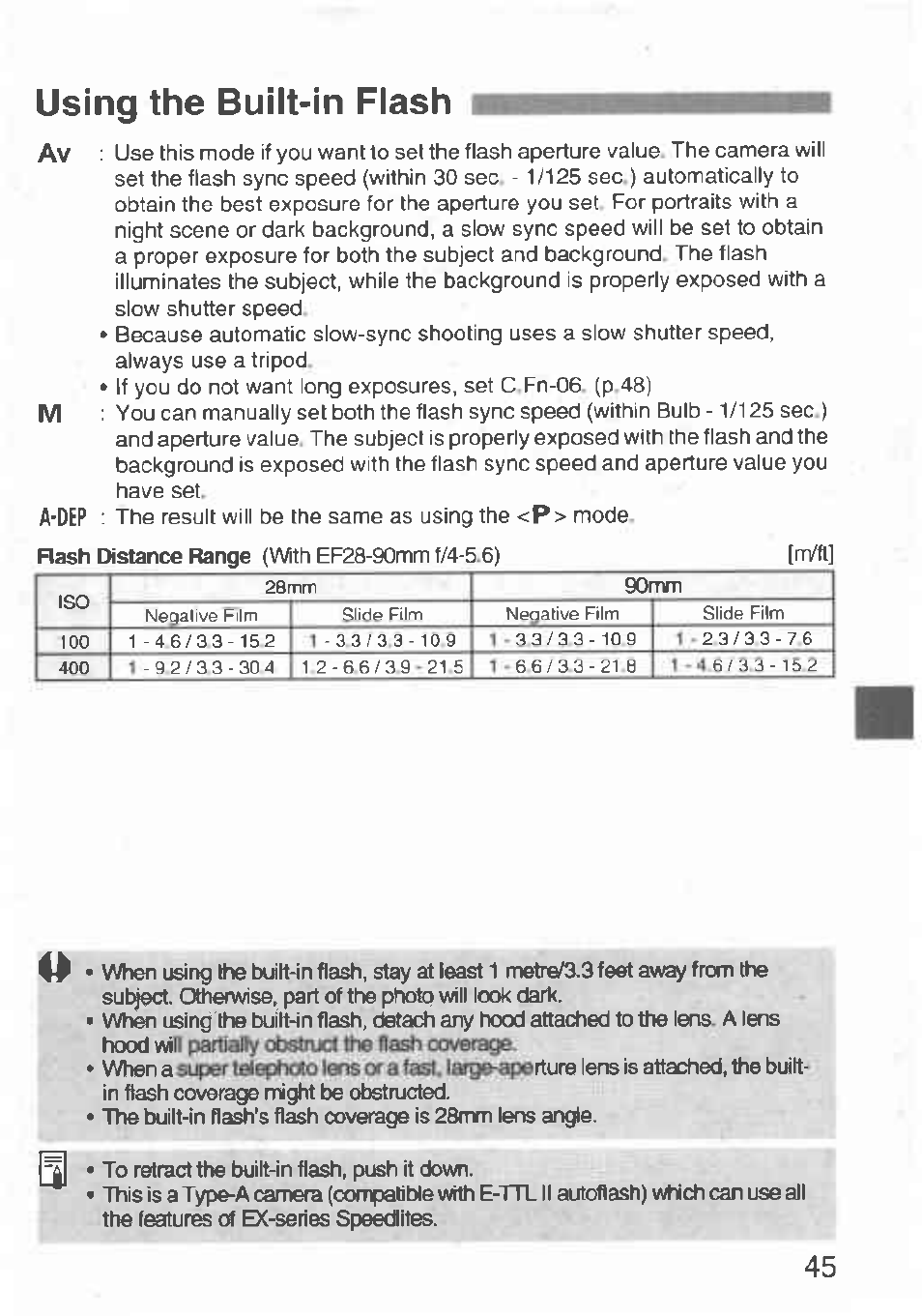 Using the built-in flash | Canon Rebel T2 300X User Manual | Page 47 / 54