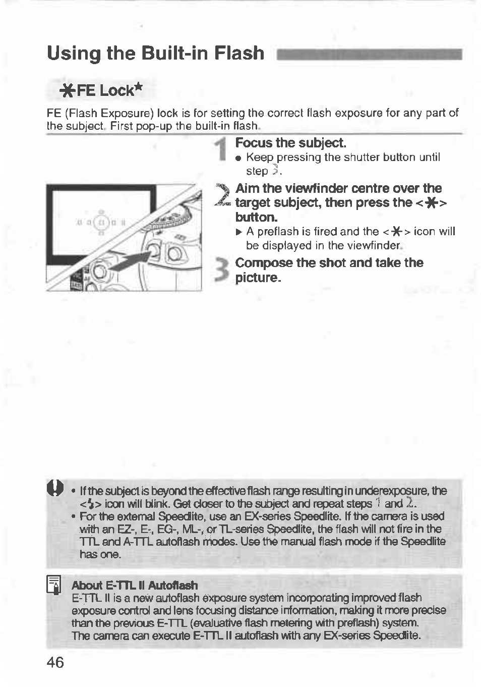 Fe lock, Ae lock, Using the built-in flash | Canon Rebel T2 300X User Manual | Page 48 / 54