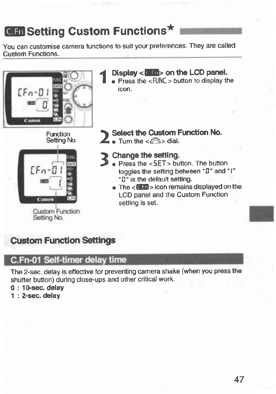 C.fn-01 seif-timer delay time, Sd setting custom functions, Custom function settings | Canon Rebel T2 300X User Manual | Page 49 / 54