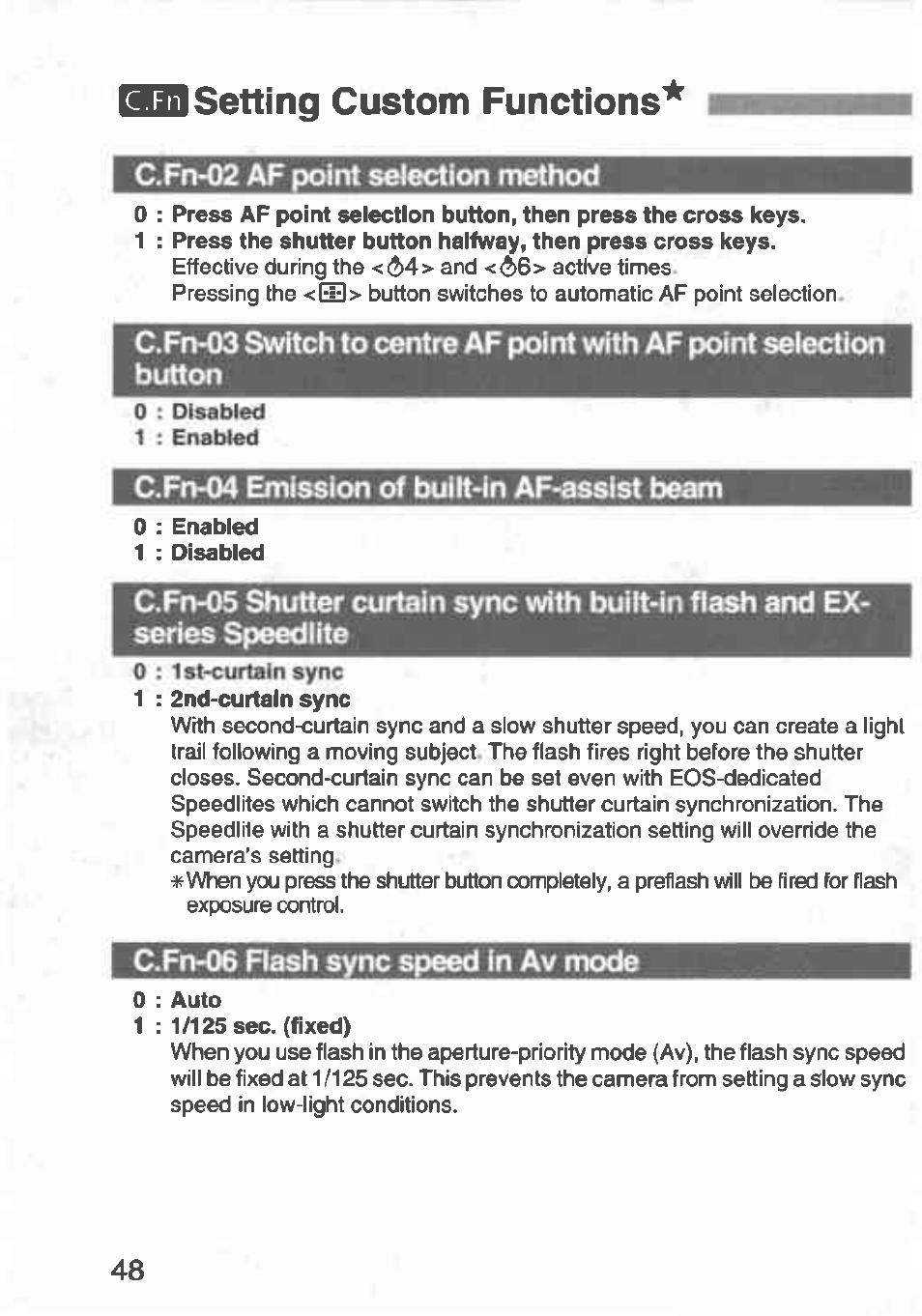 C.fn-02 af point sejection method, C.fn^w emission of bullt'in af-assist beam, In av mode | Hsnsetting custom functions | Canon Rebel T2 300X User Manual | Page 50 / 54