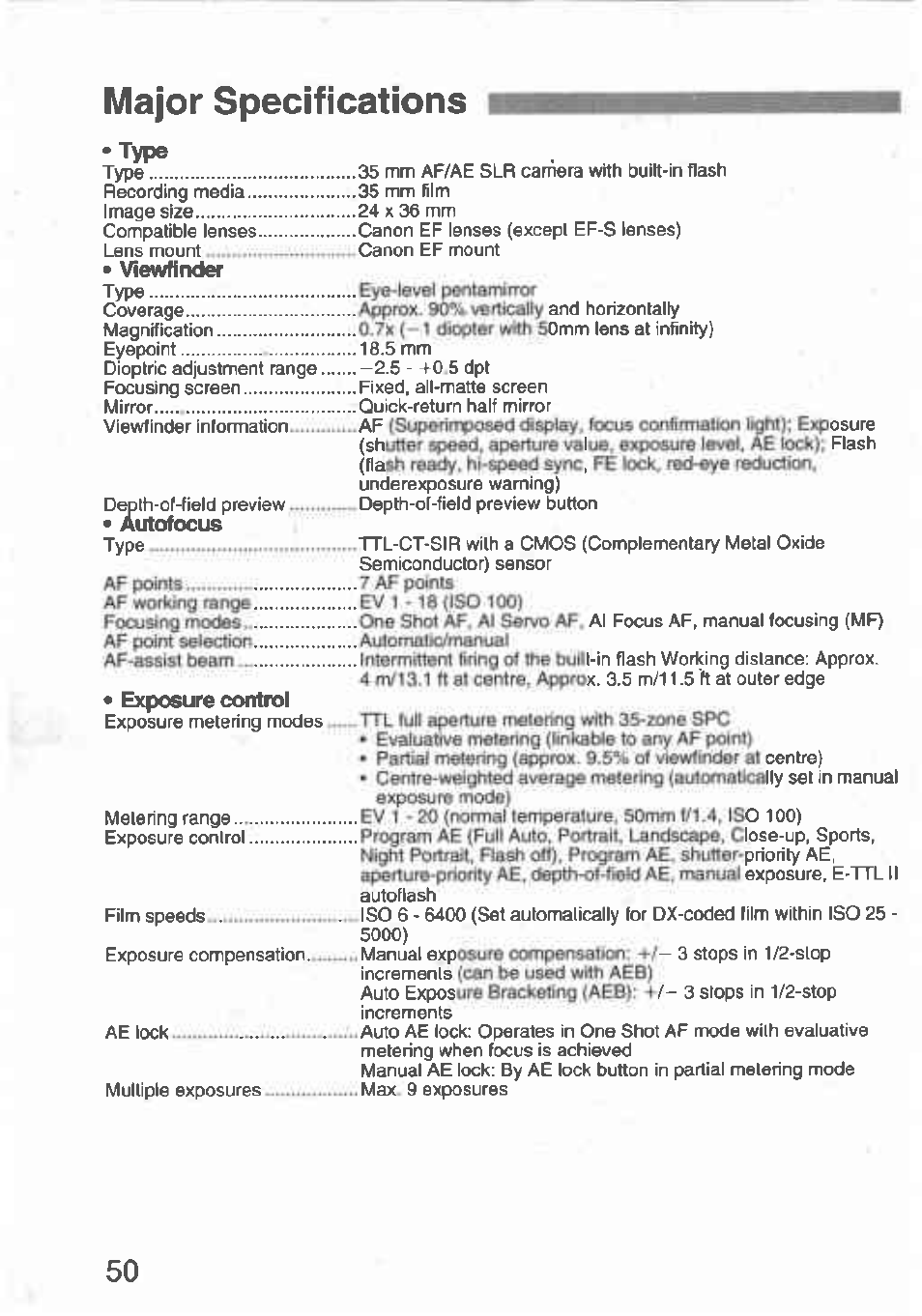 Major specifications | Canon Rebel T2 300X User Manual | Page 52 / 54