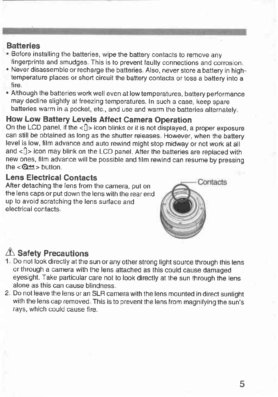 Batteries, Safety precautions, Contacts | Canon Rebel T2 300X User Manual | Page 7 / 54
