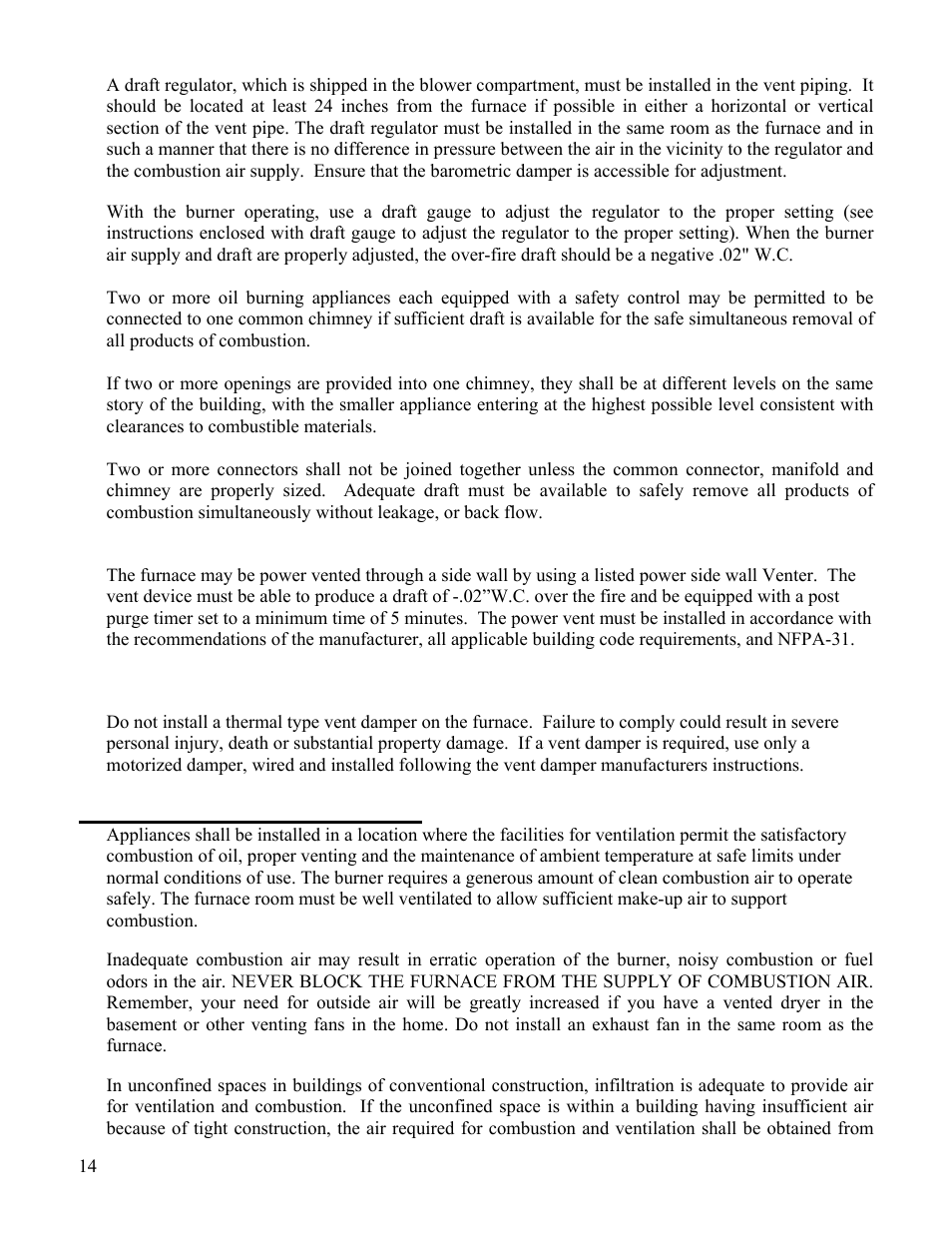 Ventilation and combustion air | Boyertown Regal Oil Fired Furnace Variable Speed 2 Stage ECM Motor User Manual | Page 14 / 32