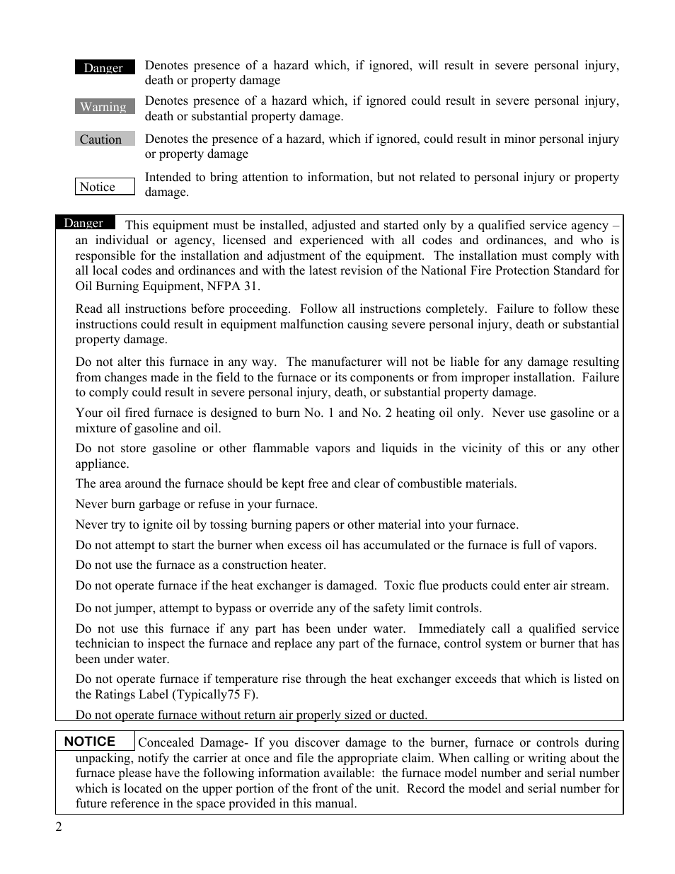 Be aware of hazard definitions, Never burn garbage or refuse in your furnace, Do not use the furnace as a construction heater | Boyertown Regal Oil Fired Furnace Variable Speed 2 Stage ECM Motor User Manual | Page 2 / 32