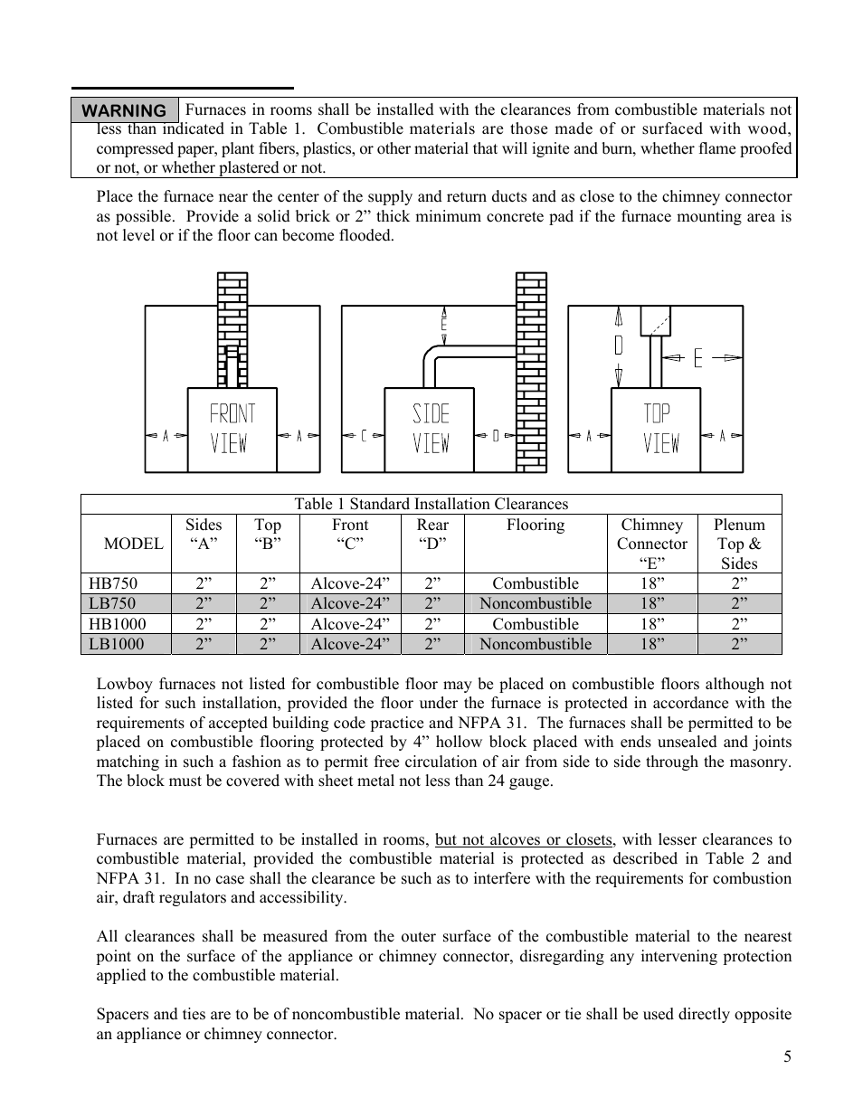 Installation clearances | Boyertown Regal Oil Fired Furnace Variable Speed 2 Stage ECM Motor User Manual | Page 5 / 32