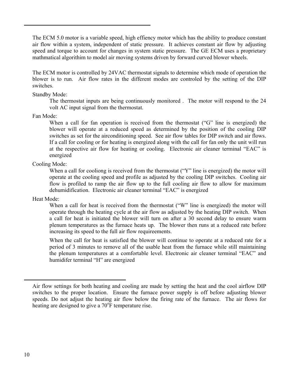 Ecm motor operating modes, Ecm motor air flow selection | Boyertown Regal Oil Furnace Nrg Max User Manual | Page 10 / 36