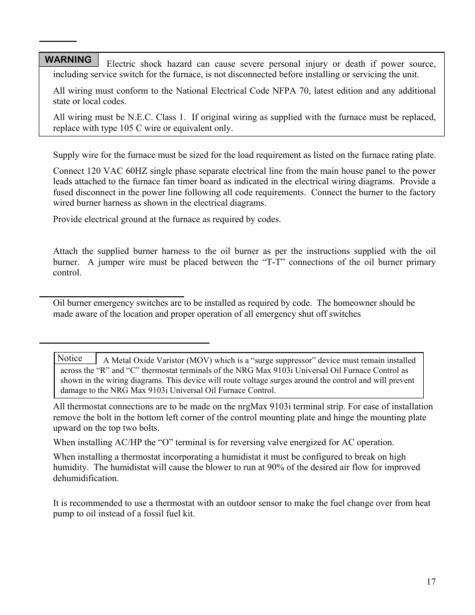 Wiring, Emergency power switches, Thermostat wiring connections | Boyertown Regal Oil Furnace Nrg Max User Manual | Page 17 / 36