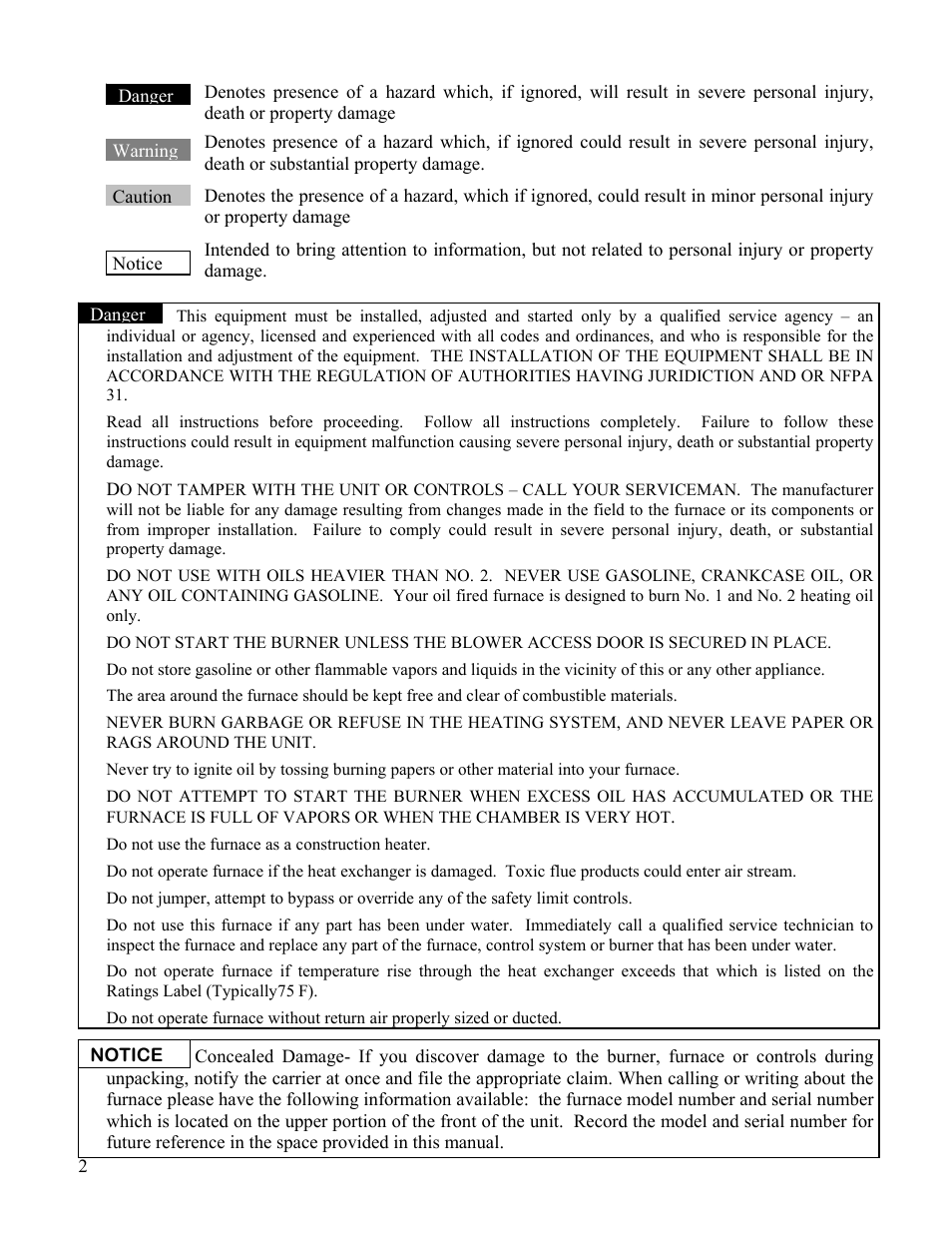 Be aware of hazard definitions, 2 danger warning caution notice warning | Boyertown Regal Oil Furnace Nrg Max User Manual | Page 2 / 36