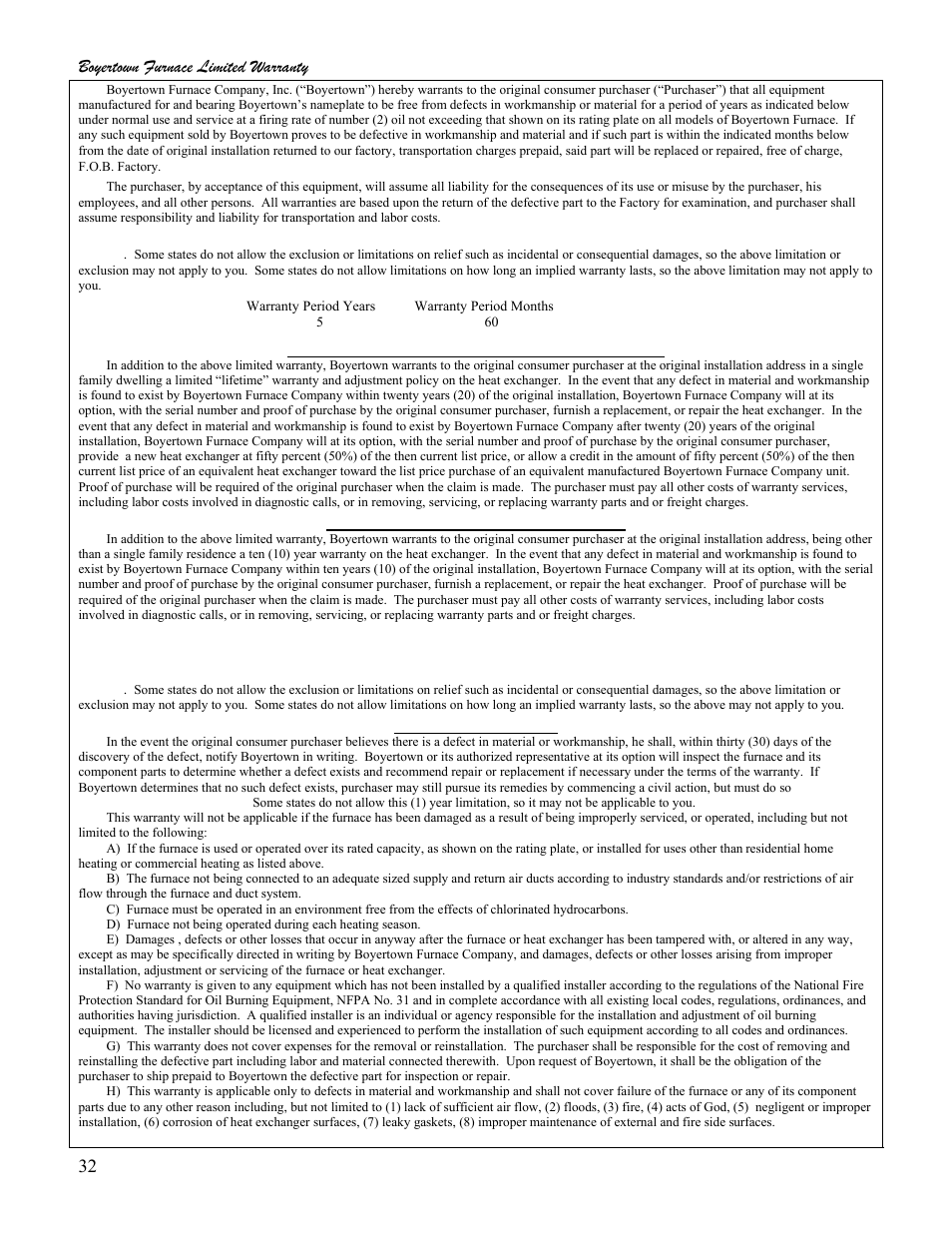 32 boyertown furnace limited warranty | Boyertown Regal Oil Furnace Nrg Max User Manual | Page 32 / 36