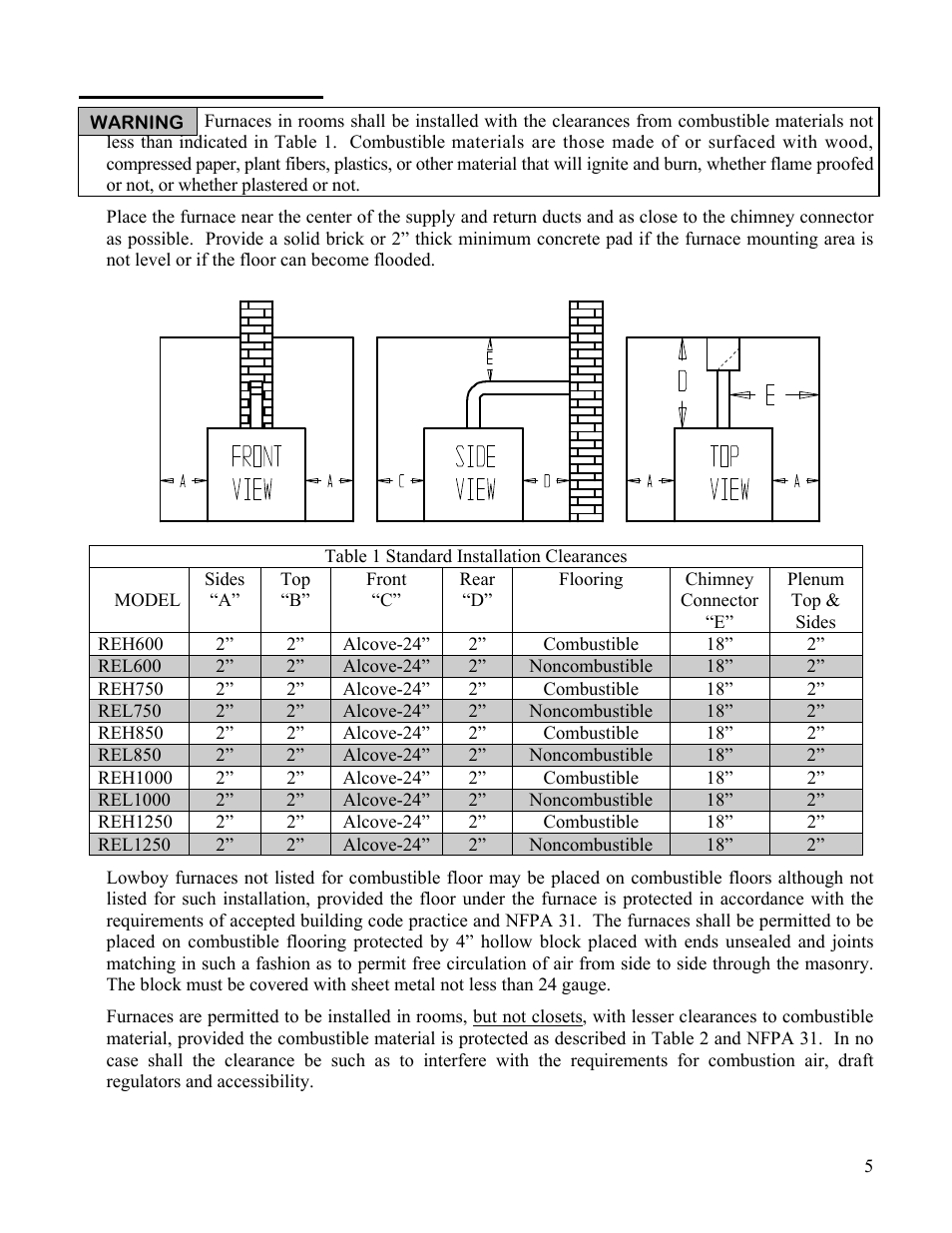 Installation clearances | Boyertown Regal Oil Furnace Nrg Max User Manual | Page 5 / 36