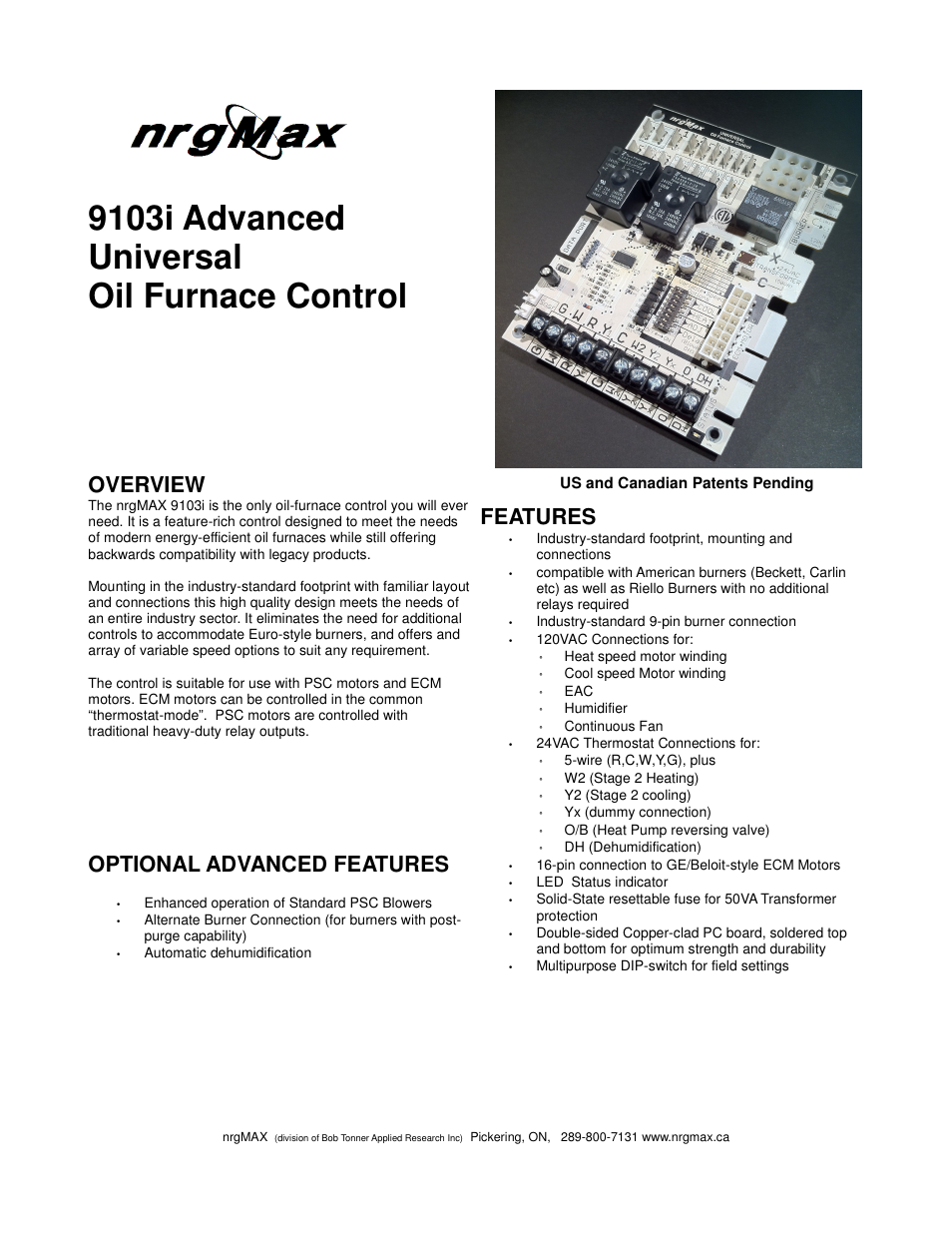 9103i advanced universal oil furnace control, Overview, Optional advanced features | Features | Boyertown nrgMax Universal Oil Control V4.0 User Manual | Page 2 / 14