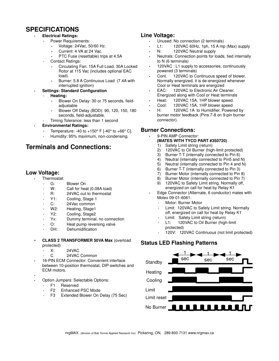 Specifications, Terminals and connections, Low voltage | Line voltage, Burner connections, Status led flashing patterns, 1sec 1 sec 1 sec | Boyertown nrgMax Universal Oil Control V4.0 User Manual | Page 4 / 14