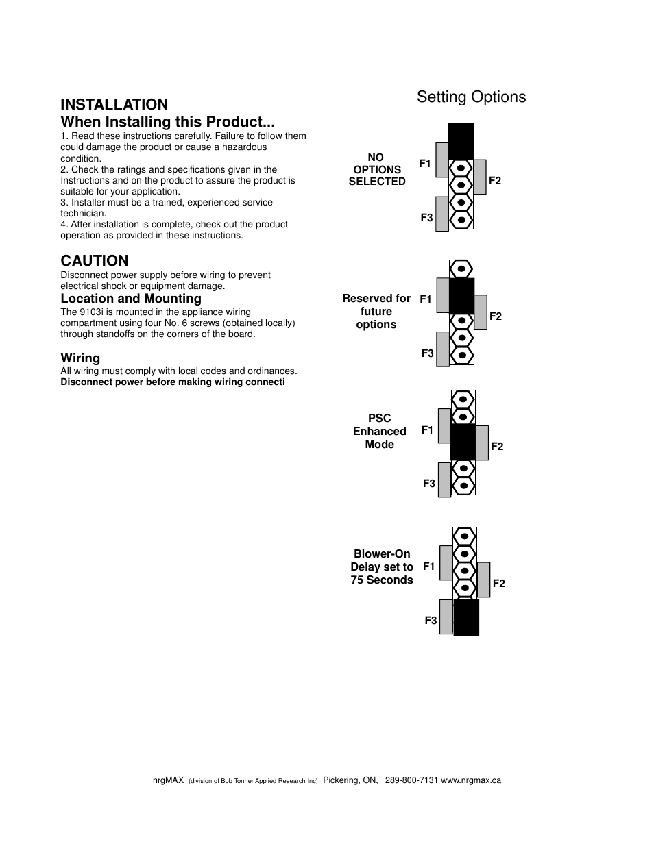 Setting options, Installation when installing this product, Caution | Boyertown nrgMax Universal Oil Control V4.0 User Manual | Page 6 / 14