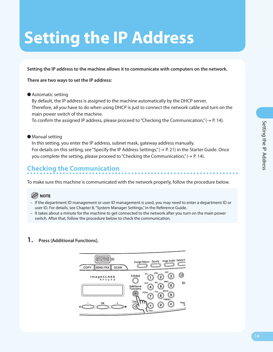 Setting the ip address, Checking the communication | Canon ImageCLASS MF4690 User Manual | Page 15 / 36