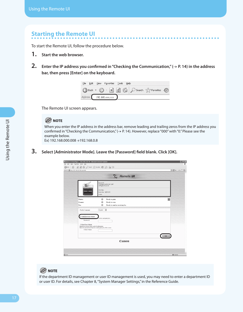 Starting the remote ui | Canon ImageCLASS MF4690 User Manual | Page 18 / 36