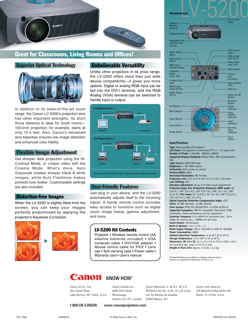 Lv-5200, Great for classrooms, living rooms and offices, Flexible image adjustment | Unbelievable versatility, User-friendly features, Superior optical technology, Distortion-free images, Know how, Lv-5200 kit contents | Canon LV-5200 User Manual | Page 2 / 2