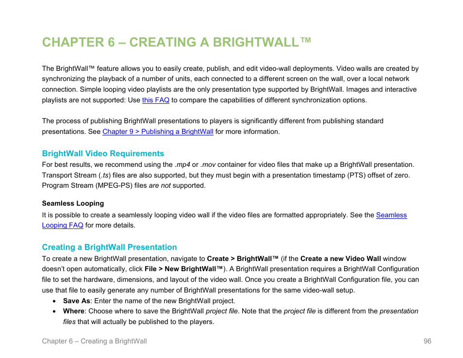 Chapter 6 – creating a brightwall, Brightwall video requirements, Creating a brightwall presentation | Brightwall | BrightSign BrightAuthor User Guide v.4.1.1 User Manual | Page 104 / 190