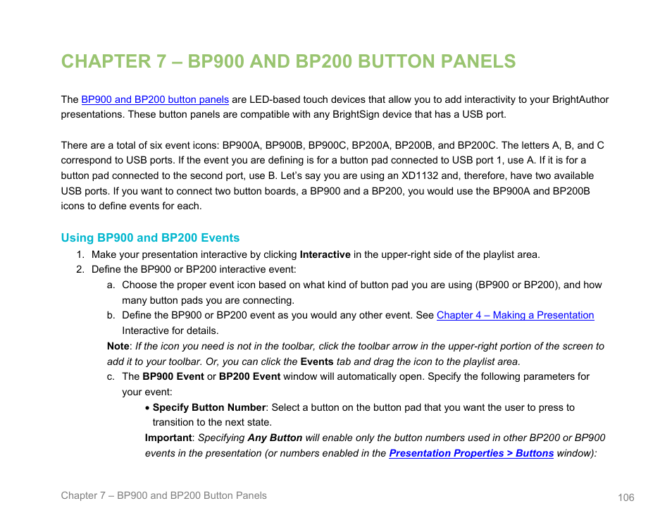 Chapter 7 – bp900 and bp200 button panels, Using bp900 and bp200 events, Bp900 and bp200 button panels | Bp900 and, Bp200 button | BrightSign BrightAuthor User Guide v.4.1.1 User Manual | Page 114 / 190
