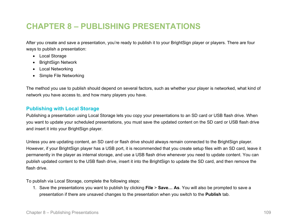 Chapter 8 – publishing presentations, Publishing with local storage, Publishing | Presentations, Publishing with, Local storage | BrightSign BrightAuthor User Guide v.4.1.1 User Manual | Page 117 / 190