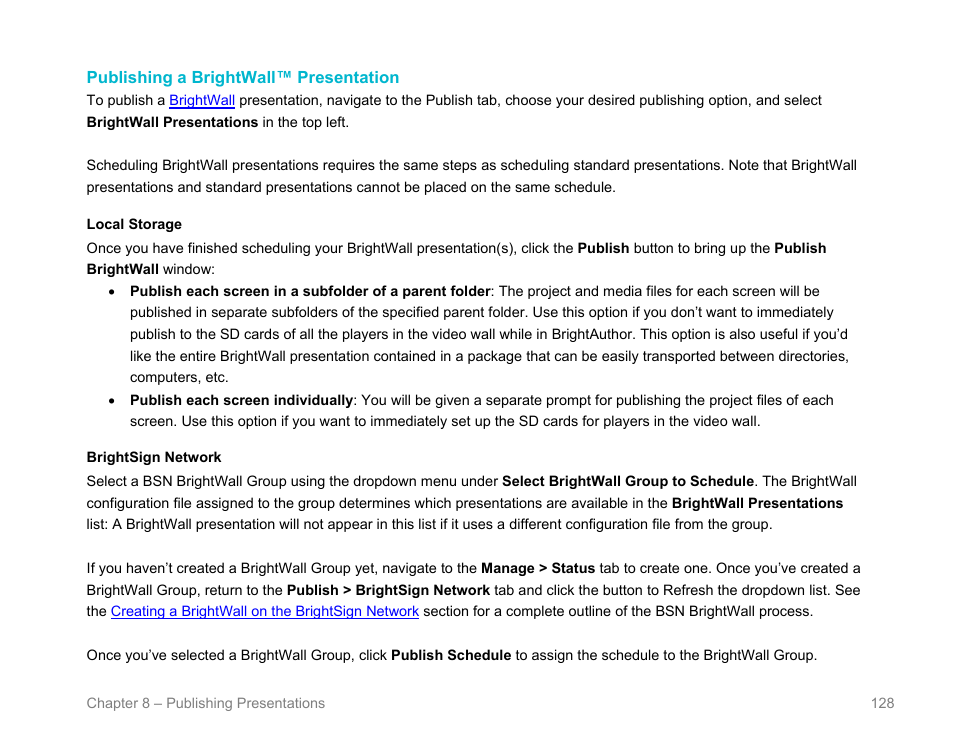Publishing a brightwall™ presentation, Video walls | BrightSign BrightAuthor User Guide v.4.1.1 User Manual | Page 136 / 190