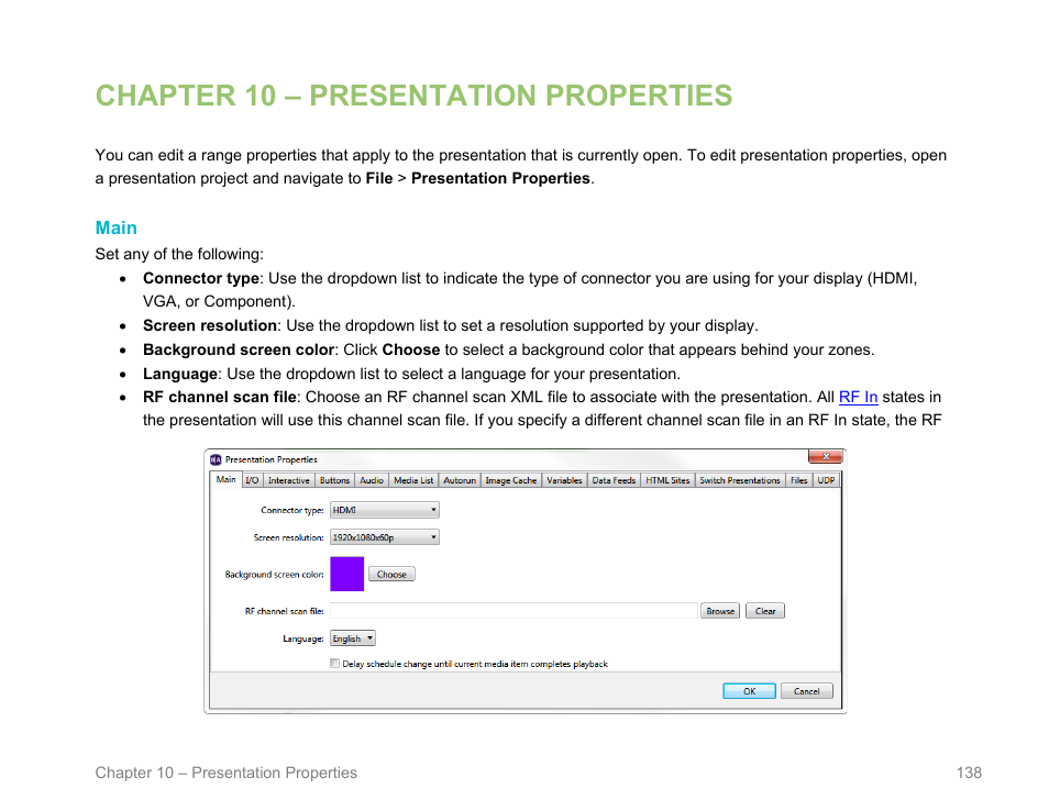 Chapter 10 – presentation properties, Main, Chapter 11 | Presentation properties, Chapter 11 > presentation properties | BrightSign BrightAuthor User Guide v.4.1.1 User Manual | Page 146 / 190