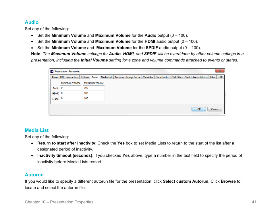 Audio, Media list, Autorun | BrightSign BrightAuthor User Guide v.4.1.1 User Manual | Page 149 / 190