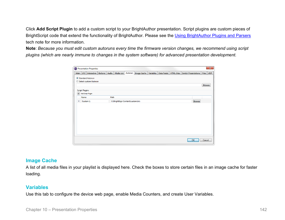 Image cache, Variables, User variable | User variables, Custom script plugin, Setting, Presentation properties | BrightSign BrightAuthor User Guide v.4.1.1 User Manual | Page 150 / 190