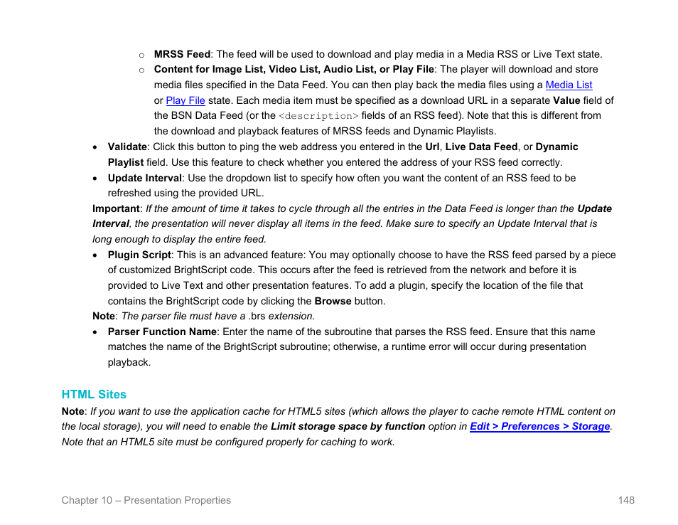 Html sites, File, Presentation properties > html sites | BrightSign BrightAuthor User Guide v.4.1.1 User Manual | Page 156 / 190