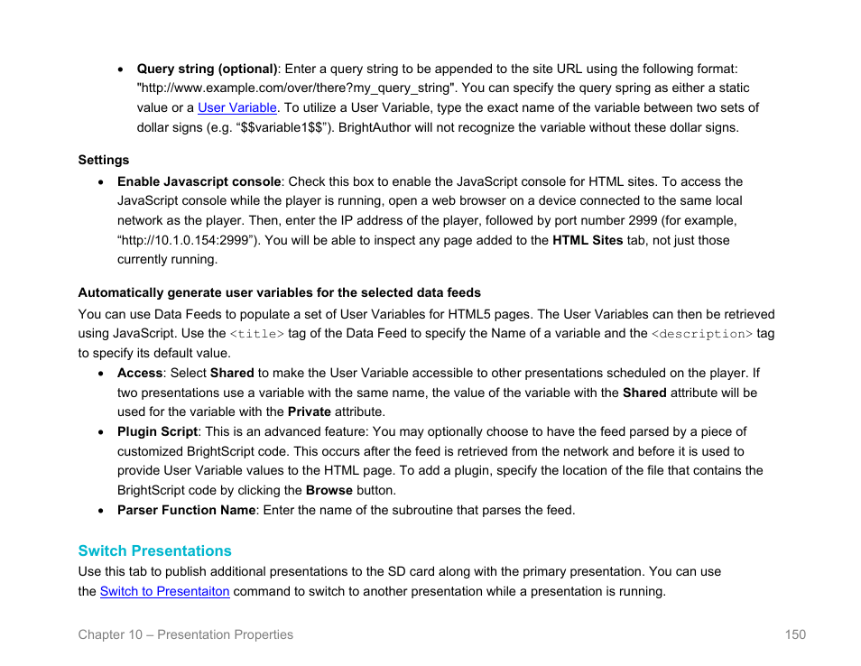 Switch presentations | BrightSign BrightAuthor User Guide v.4.1.1 User Manual | Page 158 / 190