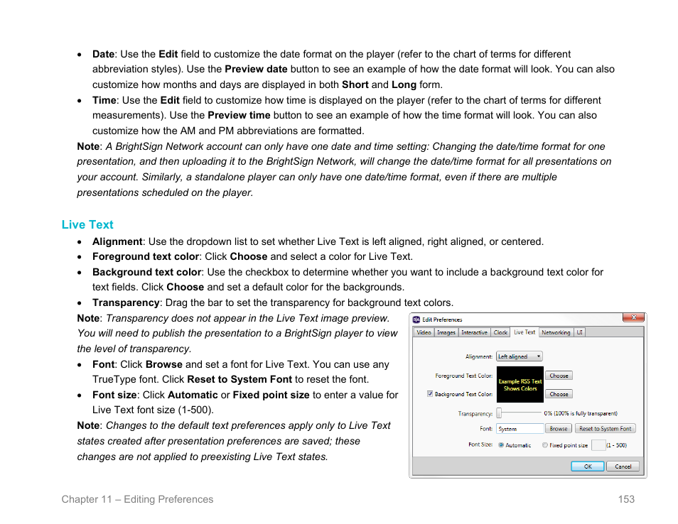Live text, Edit preferences | BrightSign BrightAuthor User Guide v.4.1.1 User Manual | Page 161 / 190