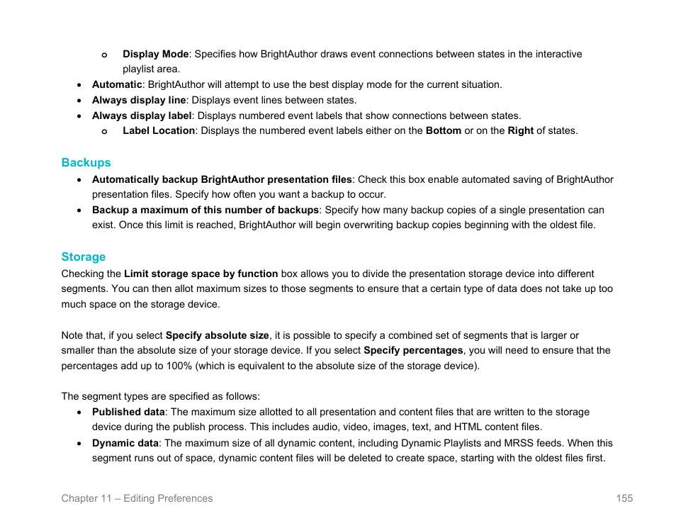 Backups, Storage, Edit > preferences > storage | BrightSign BrightAuthor User Guide v.4.1.1 User Manual | Page 163 / 190