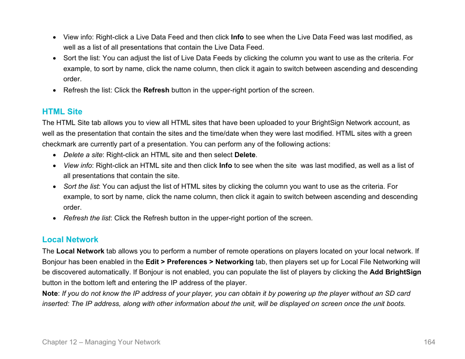 Html site, Local network | BrightSign BrightAuthor User Guide v.4.1.1 User Manual | Page 172 / 190